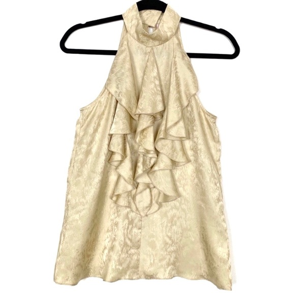Parker Mock Neck Ruffle Silk Blouse Light Gold XS - Picture 1 of 8